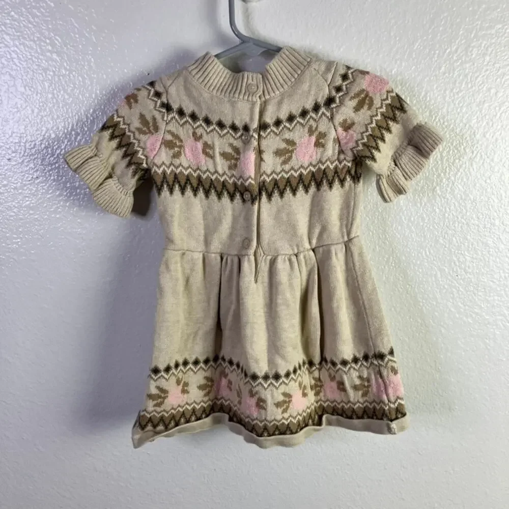 Janie and Jack 12-18m Fair Isle Flowers Knit Sweater Dress Beige Ruffle Autumn
